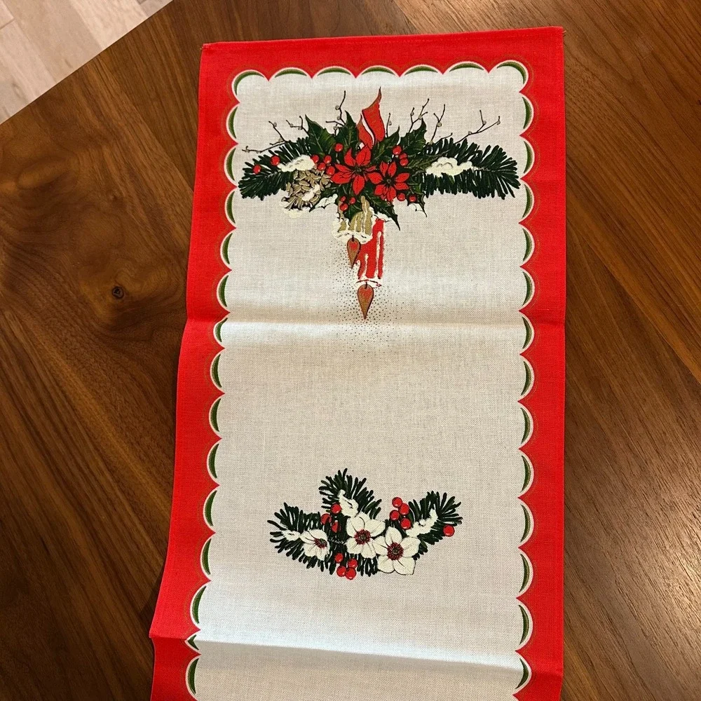 Scandinavian Xmas Table Runner Holiday Candle Floral Print Fabric Made In Brazil